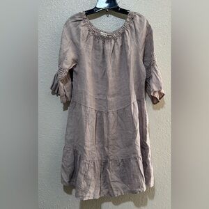 100% Linen W Sz. L Tiered Mini Tan Italy Dress Boho Cottagecore Off Shoulder